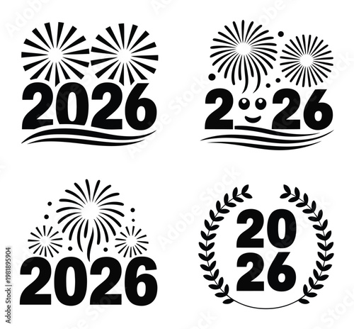 New Year 2026 Celebration with Fireworks and Wreath
