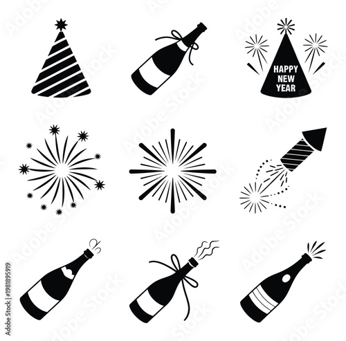 New Year's Eve Celebration Champagne, Fireworks, and Party Hats