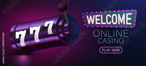 Online Casino slot machine banner with lucky sevens and a glowing Welcome sign, inviting to play. Vector illustration.