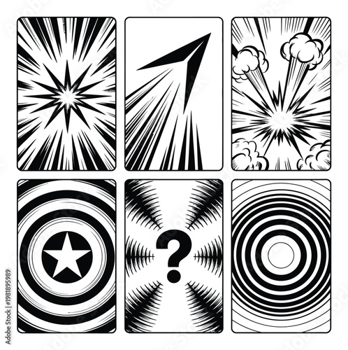 Six Comic Book Style Card with Action and Mystery Themes