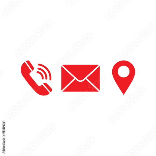 Contact icons representing a telephone, an email envelope, and a location pin are displayed in a bold red color to facilitate communication and navigation for customers.
