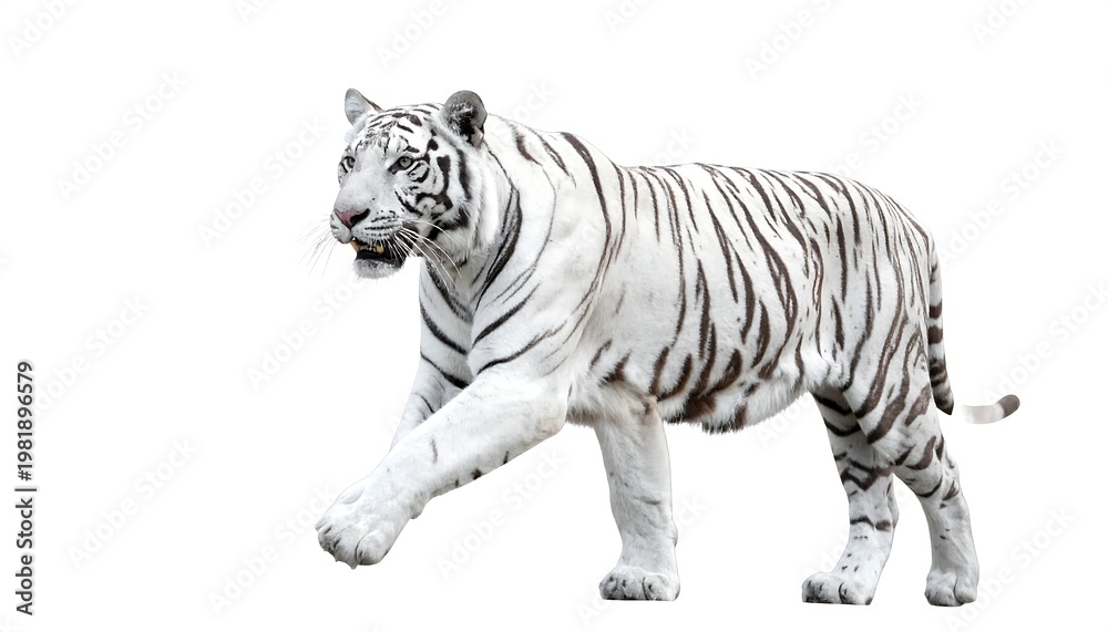 Obraz premium A regal white tiger, its stark black stripes contrasting against its pristine white fur. The large cat is walking against a white backdrop