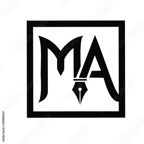 Letter MA Monogram Logo with Fountain Pen Nib Icon for Professional Writer Law Firm and Creative Author Branding.
