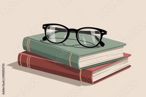 Stack of hardcover books with eyeglasses on a light background, calm academic atmosphere for education, reading and knowledge