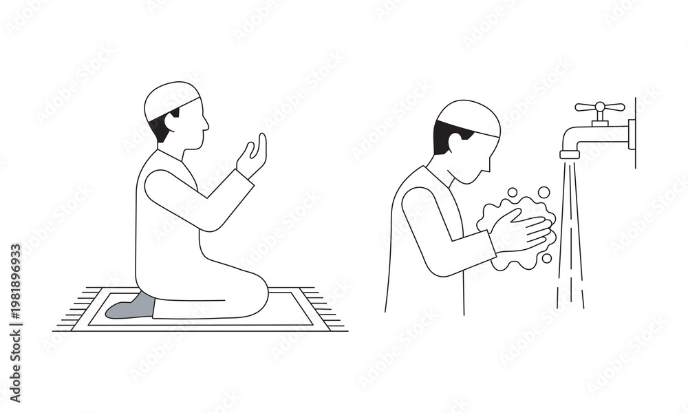 Fototapeta premium Islamic prayer and wudu ritual line art, Muslim man performing ablution and praying on mat, religious worship icons in minimalist vector style
