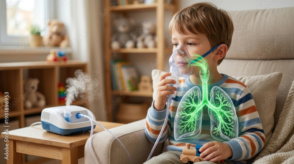Obraz premium Young boy using a nebulizer for respiratory treatment with glowing lungs illustration
