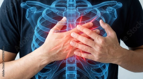 Man clutching chest with glowing red pain points over the rib cage