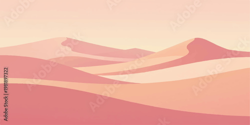 A vibrant vector illustration of a desert landscape featuring rolling sand dunes and mountains under a glowing orange sunset sky with abstract clouds and a bright sun over the wilderness