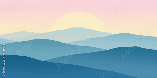 A serene mountain landscape vector illustration captures a misty blue valley at sunset where forest hills and peaks form a majestic silhouette against the glowing horizon dawn sky