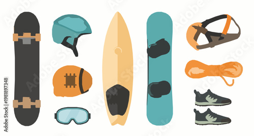 Extreme Sports Adventure Vector Illustration Set with Skateboarding Surfing Snowboarding Rock Climbing and Action Lifestyle Concept on White Background