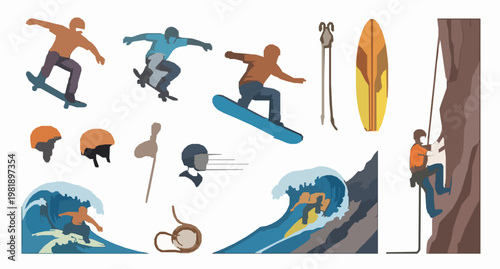 Extreme Sports Adventure Vector Illustration Set with Skateboarding Surfing Snowboarding Rock Climbing and Action Lifestyle Concept on White Background