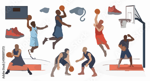 Basketball Court and Player Action Vector Illustration Set with Dribbling Shooting Dunking and Stadium Arena Scene on White Background