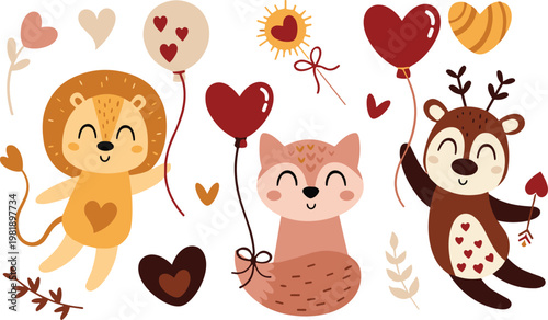 Cute cartoon animal set featuring a pink teddy bear and rabbit with hearts for a baby birthday card or Valentine design illustration