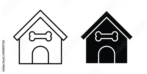 Pet house icon in black and white color. Solid and linear icons