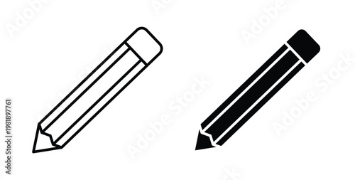 Pencil icon in black and white color. Solid and linear icons
