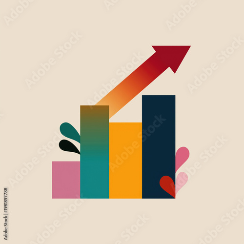 Colorful bar graph showing growth trend with upward arrow in a simple design