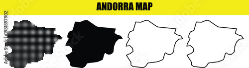 Four variations of andorra map outline, including dotted, solid, and line styles