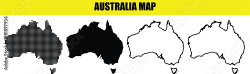 Four variations of australia map silhouettes, including dotted and outline styles