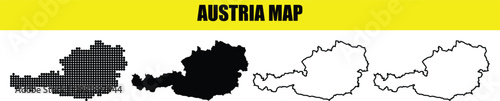 Four variations of austria map outlines, including dotted, solid black, and line styles