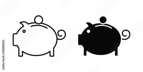 Piggy bank icon in black and white color. Solid and linear icons