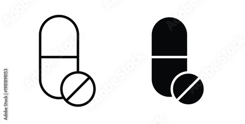 Pill icon in black and white color. Solid and linear icons