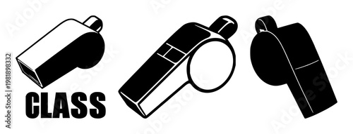 Sport whistle set with solid black icon on white background, minimalistic line design featuring whistle, sports, fitness with gym and class