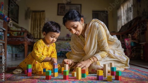 Indian mother playing with her young child on the floor with colorful building blocks in a cozy home setting