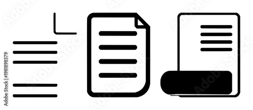 Patent document icon set with solid black vector illustration on white background featuring patent, legal, document graphics with registry, filing, and copyright context