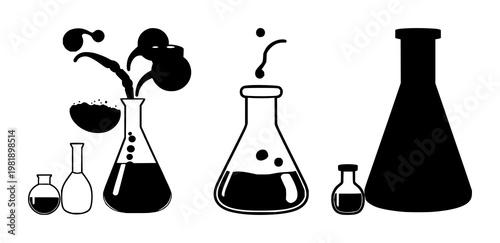 Lab beaker set with solid black icon on white background featuring chemical symbols, liquid, graduation marks with flask and solution