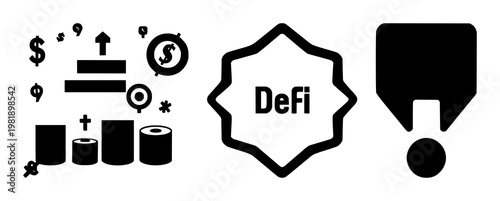 DeFi icon set with solid black icon on white background featuring decentralized finance, blockchain, crypto with digital currency and token