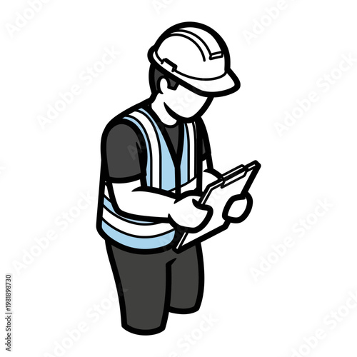 Construction worker in hard hat and safety vest holding clipboard.