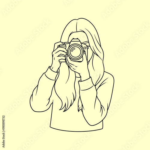 Graceful line art illustration of a young woman enthusiastically operating a professional camera, capturing a photograph and expressing her love for visual storytelling