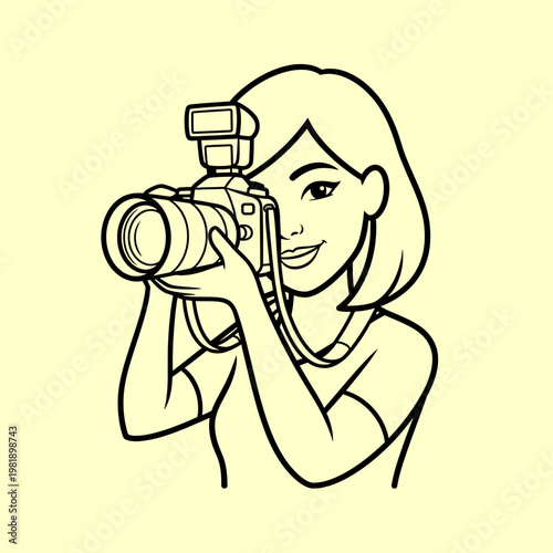 Smiling female photographer confidently capturing moments with her professional digital camera, embodying passion for visual storytelling and creative expression