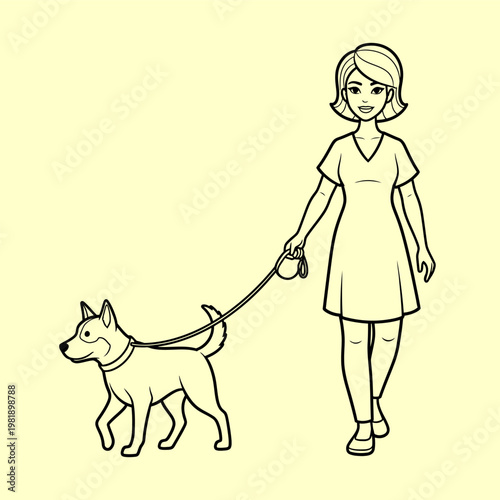 A woman walking her dog on a leash outdoors, enjoying a casual stroll in the park or neighborhood