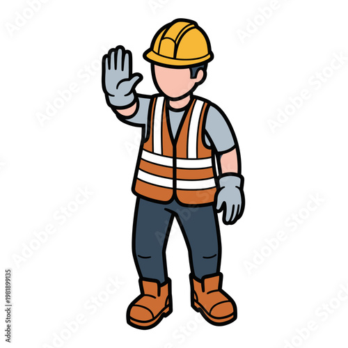 Construction worker wearing safety vest and hard hat signaling stop.