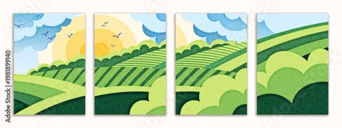 Brochure flyer design, minimalistic stylized landscape, spring summer view, green meadows and hills, noisy texture, set vertical a4 format