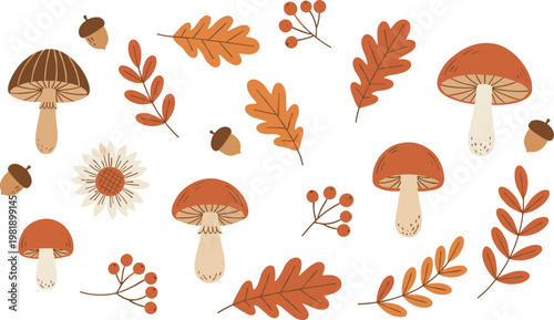 Autumn forest set with mushrooms oak leaves acorns and berries