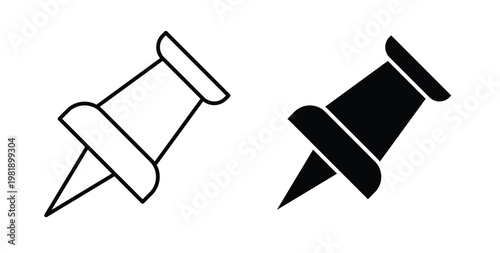 Push pin icon in black and white color. Solid and linear icons