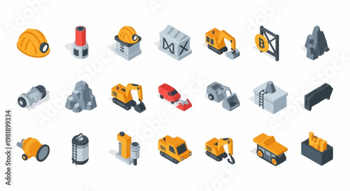 Collection of isometric mining industry icons and equipment, including helmets, excavators, and trucks.