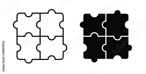 Puzzle piece icon in black and white color. Solid and linear icons
