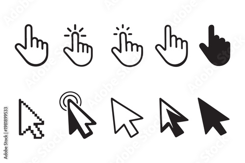 Cursor arrow icons, hand click symbols, black and white vector illustration, digital interaction design, user interface pointer graphics, tapping motion artwork. cursor icon. Computer click icon set. 