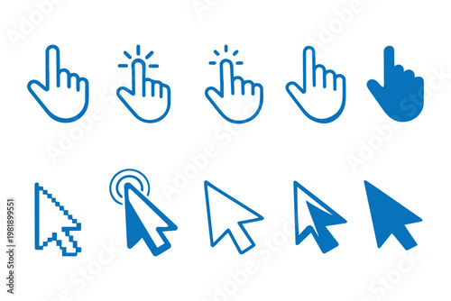 Cursor arrow icons, hand click symbols, black and white vector illustration, digital interaction design, user interface pointer graphics, tapping motion artwork. cursor icon. Computer click icon set. 
