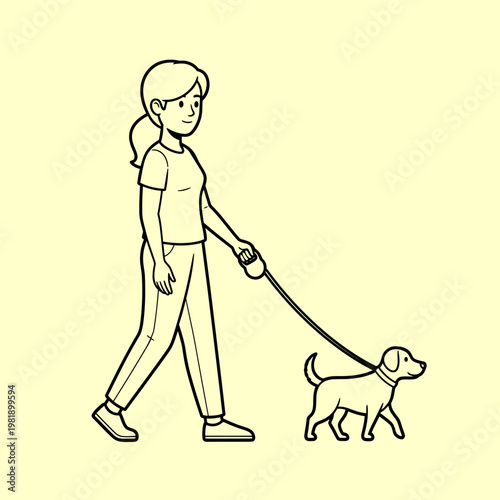 A serene line art illustration depicting a young woman taking her small dog for a leisurely walk, showcasing companionship and daily routine with a simple, clean aesthetic