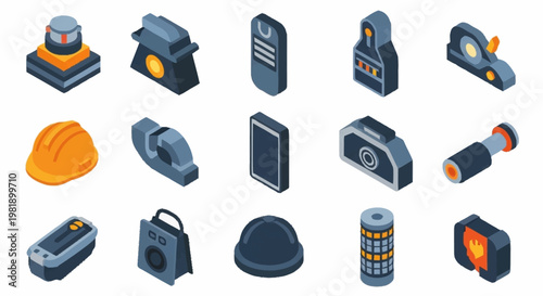 Collection of isometric icons representing construction and safety equipment, including helmets, tools, and warning lights.