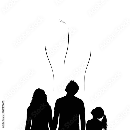 Silhouette of three figures holding hands.