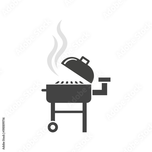 Barbecue Charcoal Grill With Lid Open And Steam Rising.
