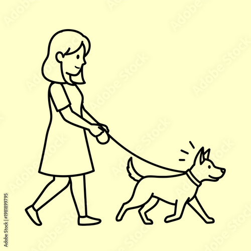A happy young woman walking her energetic dog on a leash on a light yellow background, illustration style