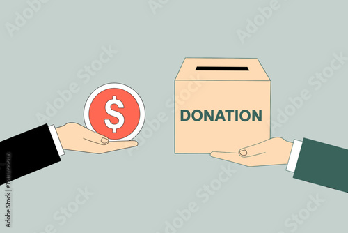 Close up of two hands exchanging a coin with a dollar sign into a donation box for charity