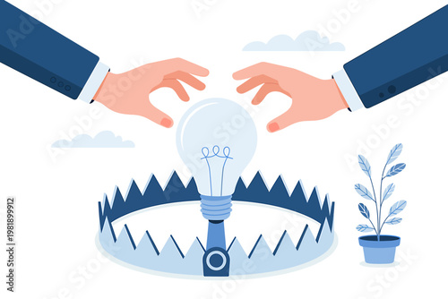 Two hands reaching for a bright idea lightbulb inside a bear trap symbol