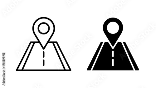 Two stylized icons representing a map location pin on a road perspective view isolated on transparent background
